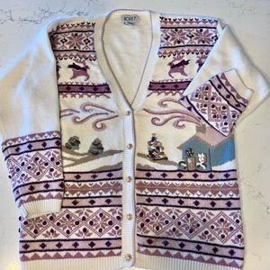 VTG Koret Christmas Fair Isle Pastel Pink, Purple Cardigan Sweater Size Medium